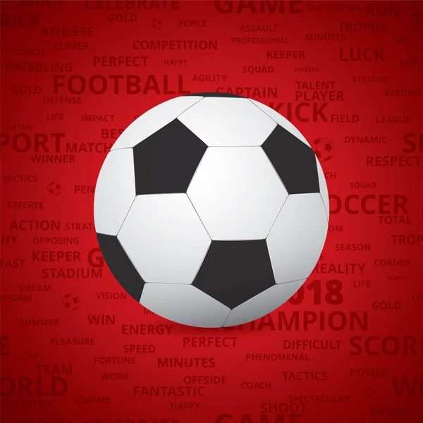 Έννοια ποδοσφαίρου / ποδοσφαίρου φόντο. Μπάλα σε κόκκινο μοτίβο από κείμενο — Διανυσματικό Αρχείο