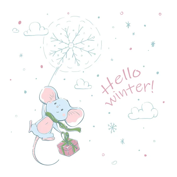 Прекрасный милый веселый мышь в смешной шарф, летать с на снежинке с подарком . — стоковый вектор