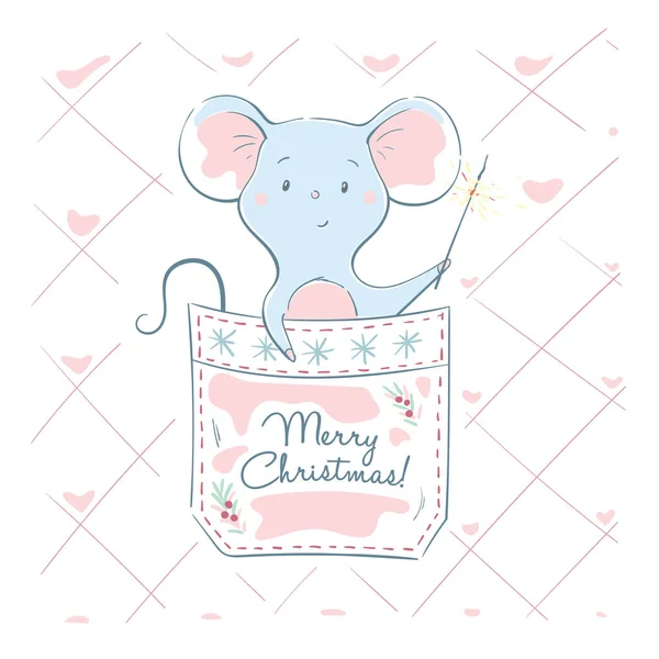 Lovely cute cheerful little mouse sitting in a pocket with sparkler. Winter card with cartoon style animal — Stock Vector