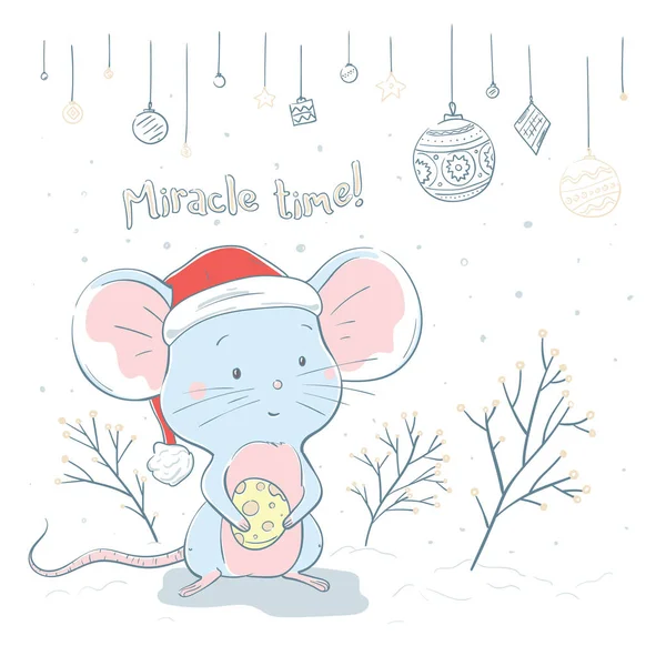 Lovely cute cheerful small mouse with slice of cheese in its paws. Mousekin in cap. Royalty Free Stock Illustrations