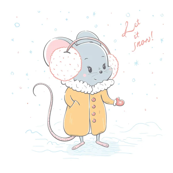 Υπέροχο χαριτωμένο χαρούμενο ποντίκι σε ένα παλτό πιάνει μια νιφάδα χιονιού. Χειμερινή κάρτα με κινούμενα σχέδια ζώων στυλ. — Διανυσματικό Αρχείο