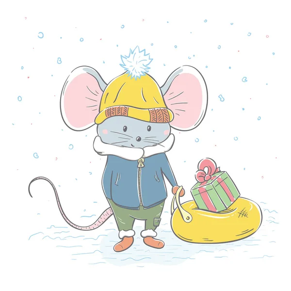 Jolie souris joyeuse et mignonne avec des cadeaux sur un traîneau. Carte d'hiver avec animal de style dessin animé . — Image vectorielle