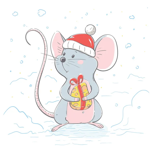 Precioso ratón alegre lindo vestido con un sombrero con un pedazo de queso con un lazo. Tarjeta de invierno con animales estilo dibujos animados . — Vector de stock