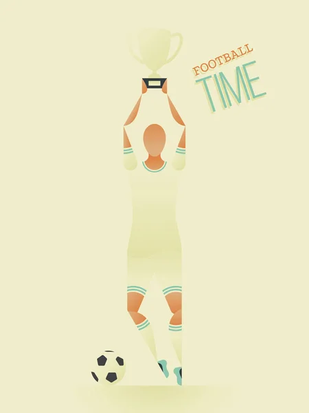 Affiche football / football en style plat. Un footballeur célèbre sa victoire avec une coupe dans les mains — Image vectorielle