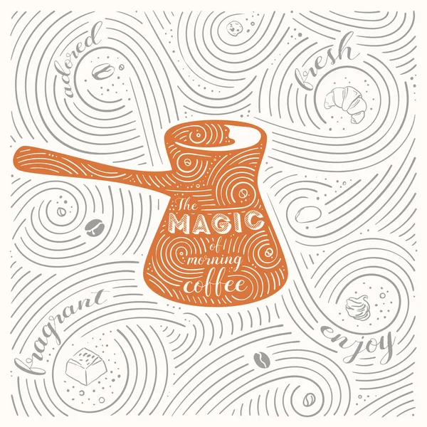 Карточка Темой Кофе Буква Волшебство Утреннего Кофе Кофе Элементы Аксессуары — стоковый вектор