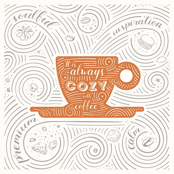 コーヒーをテーマにしたカード それは常にコーヒーと居心地の良いです コーヒーの要素とコーヒーアクセサリー カフェ レストラン 家庭用イラスト 手書きの旋回パターン 手描きのベクターイラスト ロイヤリティフリーのストックイラスト