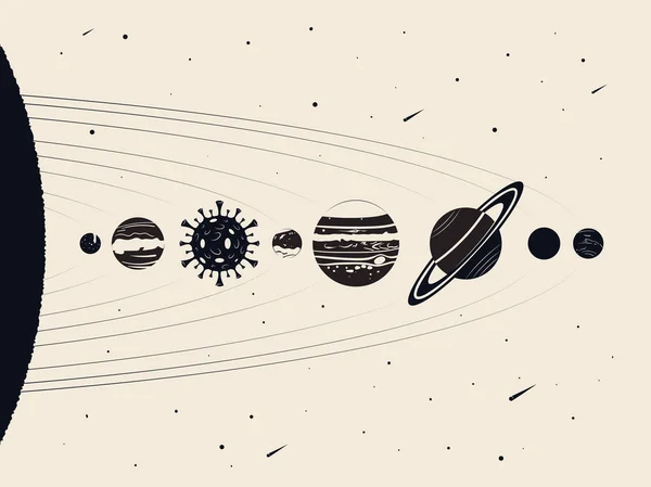 Desenhos Animados Retro Planetas Sistema Solar Planeta Terra Parece Uma —  Vetores de Stock