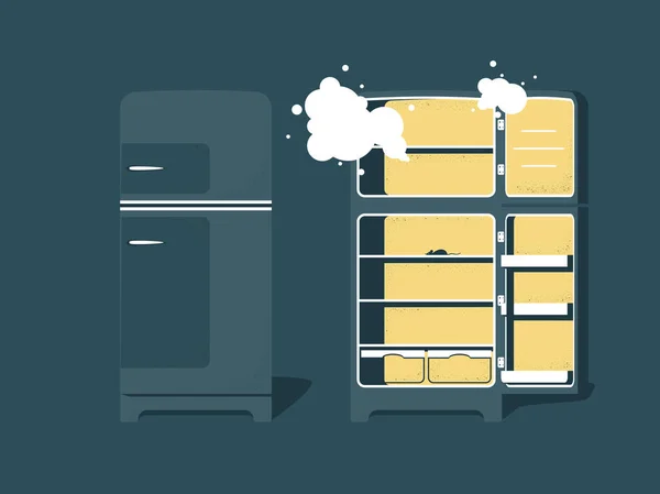 レトロな青が閉じ 内部マウスで空の冷蔵庫を開いた 長期隔離中の冷蔵庫Covid ベクターイラスト — ストックベクタ