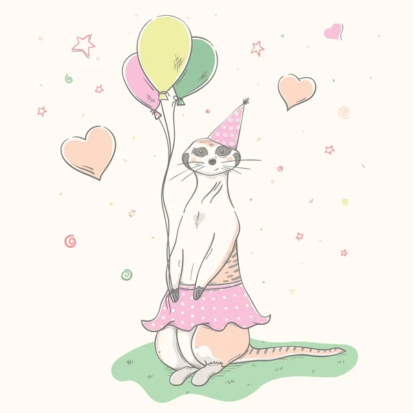 Jolie Suricate Mignonne Avec Des Ballons Couleur Meerkat Fille Jupe — Image vectorielle