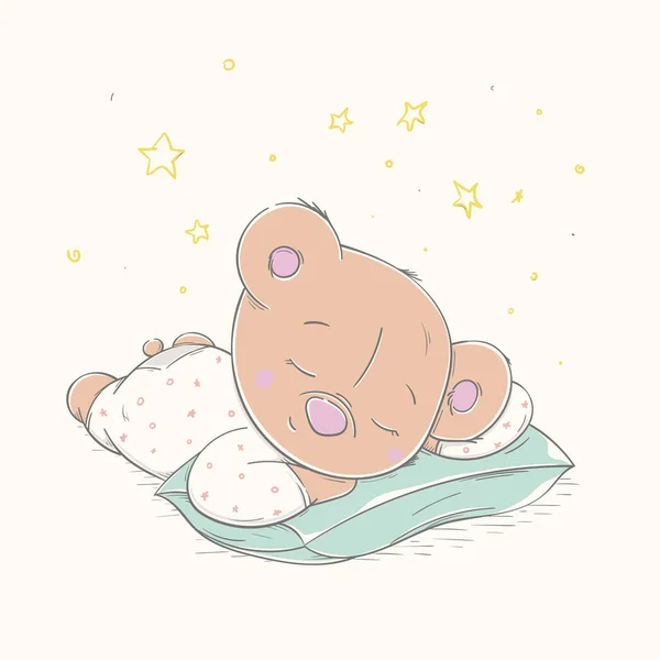 Милый Плюшевый Мишка Спит Подушке Маленький Медвежонок Красивой Пижаме Приснившееся — стоковый вектор