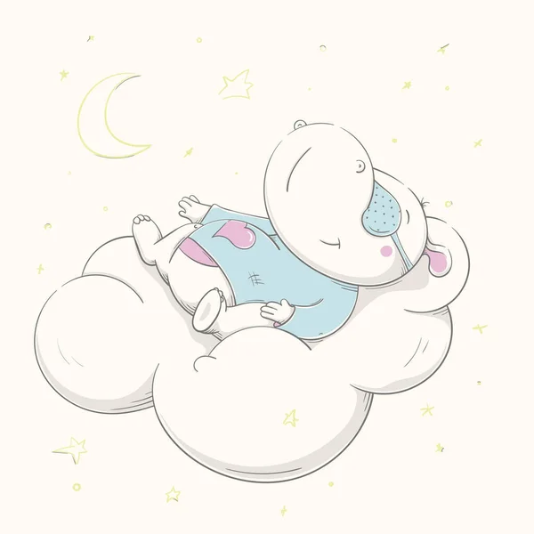 Lovely Cute Hippo Sleeping White Cloud Beautiful Hippo Dressed Pajamas — Stock Vector