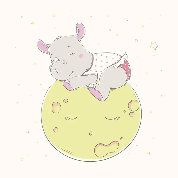 Beau Rhinocéros Mignon Dort Sur Lune Beau Rhinocéros Habillé Pyjama — Image vectorielle