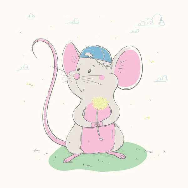 Krásná Roztomilá Myš Čepici Drží Žlutý Květ Krásná Myš Stojí — Stockový vektor