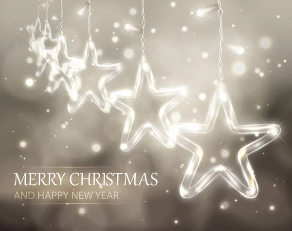 Χριστουγεννιάτικο φόντο de-εστιασμένη φώτα με διακόσμηση γυαλιού αστέρια — Διανυσματικό Αρχείο