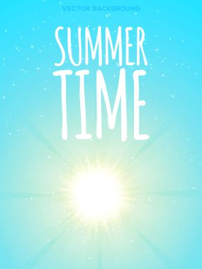 Mavi gökyüzü ve güneş. Patlayan Işınlı Gerçekçi Görüntü Tasarımı. Soyut Parlak Arkaplan.