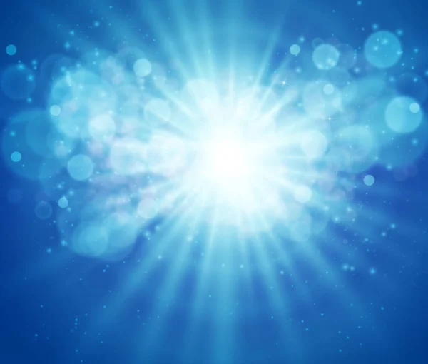 Μπλε ουρανός και ήλιος. Ρεαλιστικό σχέδιο θολούρα με εκρήξεις ακτίνες. Αφηρημένο φωτεινό φόντο. — Διανυσματικό Αρχείο