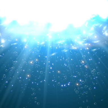 Derin su kabarcıkları koyu mavi renk ışık ışınları tarafından aydınlatılmış