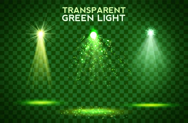Karanlık bir arka plan şeffaf yeşil lighy etkiler. Sahne ışıkları, işaret fişeği, patlama ve yıldız. — Stok Vektör