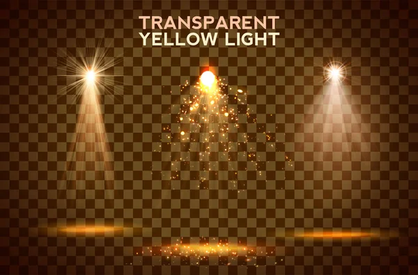 Transparent gul lighy effekter på en mörk bakgrund. Strålkastare, bländning, explosion och stjärnor. — Stock vektor