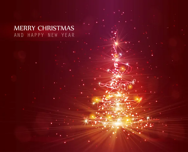 Χριστουγεννιάτικο δέντρο με defocused φώτα. κόκκινο φόντο — Διανυσματικό Αρχείο