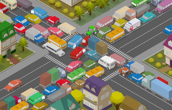 İşlek yol gösterimi için ev ve trafik Jam izometrik araba.