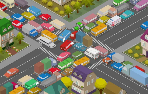 Traffic Jam. isométrique voitures et maisons à titre d’Illustration de la route très fréquentée. Illustration De Stock