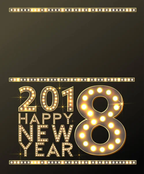 Cartolina d'auguri di felice anno nuovo con lampadina lampade luce oro — Vettoriale Stock