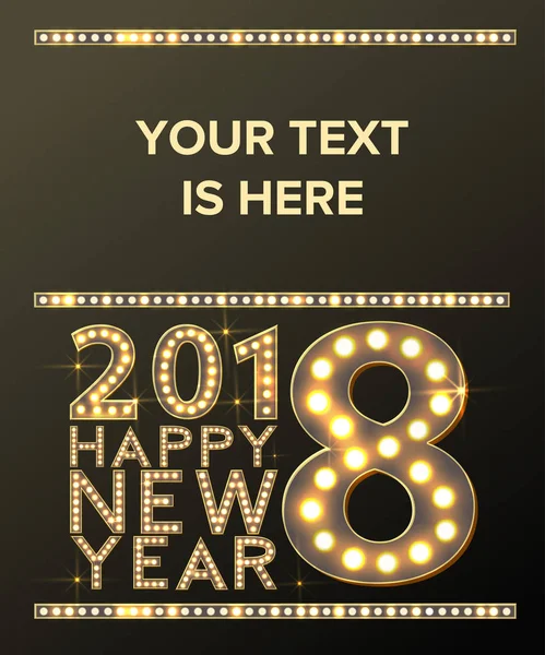 Ευτυχισμένο το νέο έτος ευχετήρια κάρτα με λαμπτήρες βολβών χρυσό φως — Διανυσματικό Αρχείο
