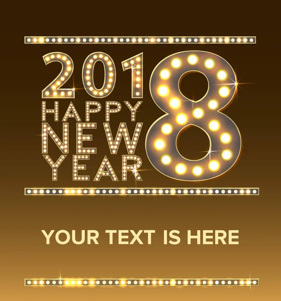 Boldog új évet üdvözlés kártya-val izzó-lámpák arany fény — Stock Vector