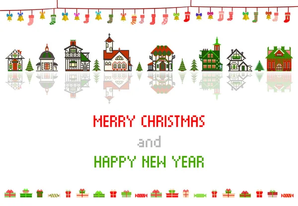 Pixel retro cartão de Natal com sinos, meias e casas — Vetor de Stock