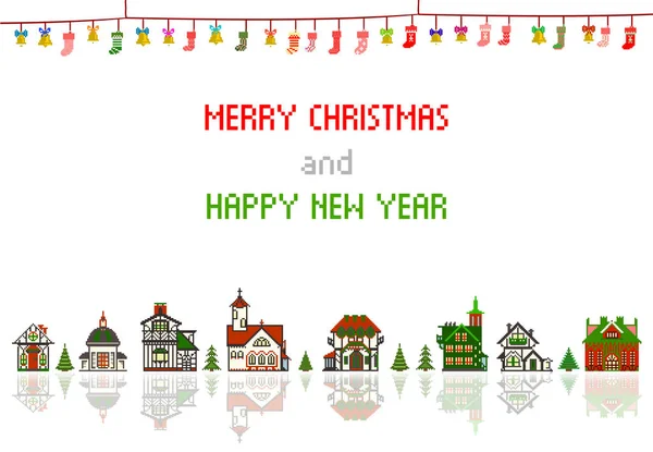 Retro-Pixel-Weihnachtsgrußkarte mit Häusern, Socken und Glocken — Stockvektor