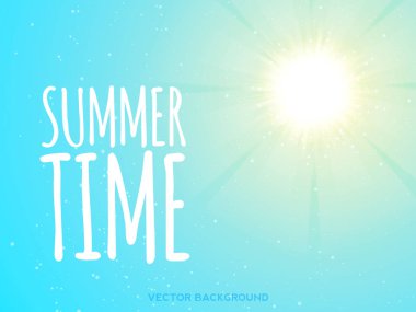 Mavi gökyüzü ve güneş. Patlayan Işınlı Gerçekçi Görüntü Tasarımı. Soyut Parlak Arkaplan.