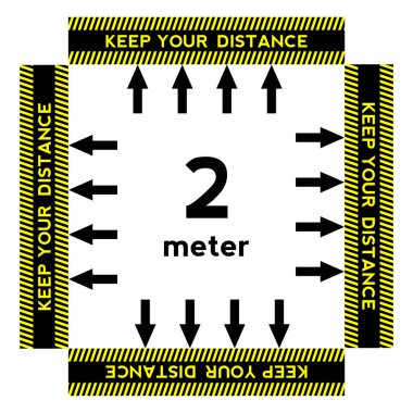 Buluştuğunuzda mesafenizi koruyun. Diğer insanlarla iletişim kurarken güvenlik. Uyarı posteri.