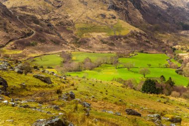 Bahar güzel İrlandalı dağ manzarası. Gleninchaquin park İrlanda.