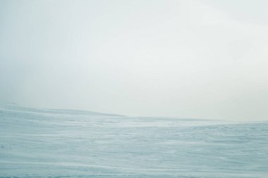 Düz, karlı Norveç alan güzel, minimalist bir manzara. Temiz, ışık, yüksek anahtar, dekoratif bir görünüm.