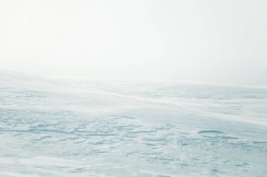 Düz, karlı Norveç alan güzel, minimalist bir manzara. Temiz, ışık, yüksek anahtar, dekoratif bir görünüm.