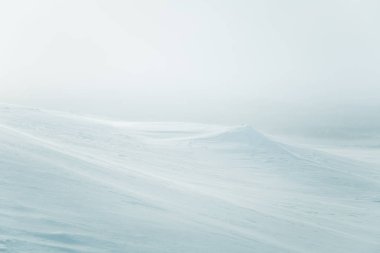 Düz, karlı Norveç alan güzel, minimalist bir manzara. Temiz, ışık, yüksek anahtar, dekoratif bir görünüm.