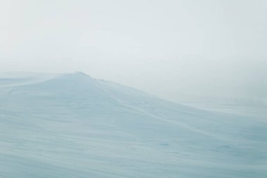 Düz, karlı Norveç alan güzel, minimalist bir manzara. Temiz, ışık, yüksek anahtar, dekoratif bir görünüm.