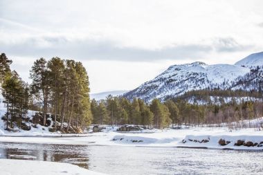 Norveç kışın donmuş bir nehir ile güzel bir manzara