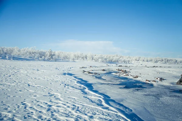 Eine wunderschöne Landschaft mit einem gefrorenen Fluss im norwegischen Winter — Stockfoto
