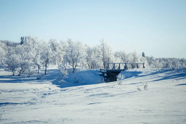 Ένα όμορφο λευκό τοπίο μιας ημέρας του χειμώνα χιονισμένο Νορβηγικά με ένα μικρό ξύλινο πόδι γέφυρα — Φωτογραφία Αρχείου