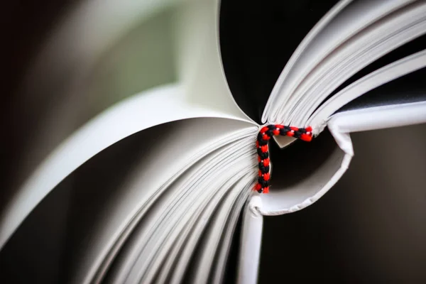 Un bellissimo primo piano di un libro in copertina rosso scuro e con segnalibro rosso. Profondità di campo ridotta — Foto Stock