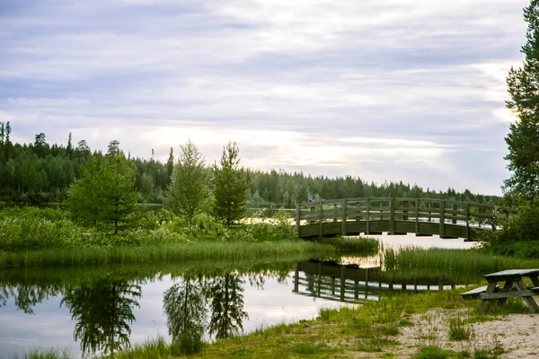 Finnországban erdő gyönyörű lógott hídon — Stock Fotó