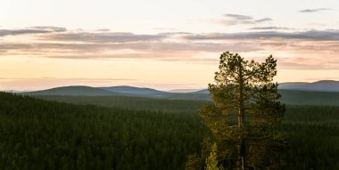 Bir gece yarısı güneş Kutbu yukarıda ile güzel bir manzara. Rüya gibi sahne ışık patlamaları ile