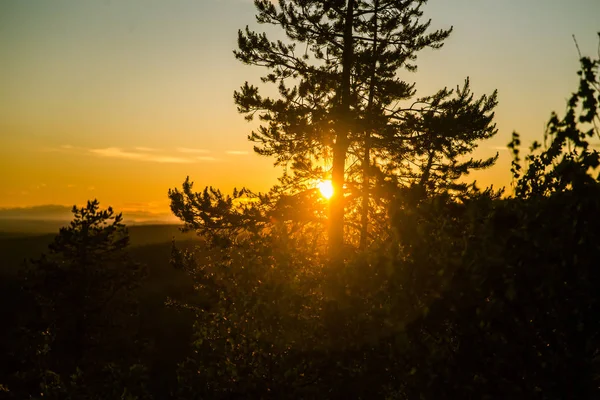 Bir gece yarısı güneş Kutbu yukarıda ile güzel bir manzara. Rüya gibi sahne ışık patlamaları ile