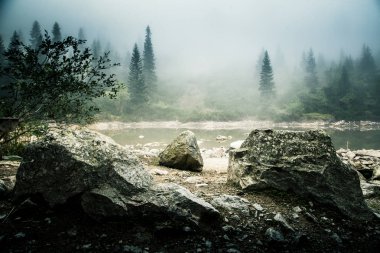 Bir sis Tatry, Slovakya güzel dağ gölde. Düşük doygunluk retro tarzı