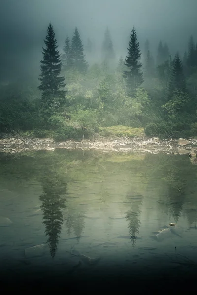 Um belo lago de montanha em um nevoeiro em Tatry, Eslováquia. Baixa saturação estilo retro — Fotografia de Stock