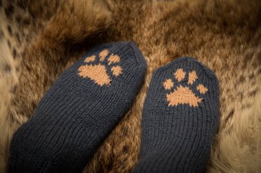 Çift el örgü yün çorap kürk arka plan üzerinde bir kedi pençe desenli
