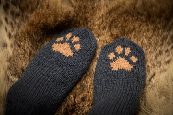 Coppia di calzini di lana lavorati a mano con un modello di zampa di gatto su sfondo di pelo — Foto Stock