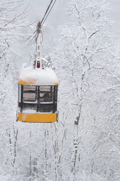 Un carro de cables sobre el bosque de invierno — Foto de Stock